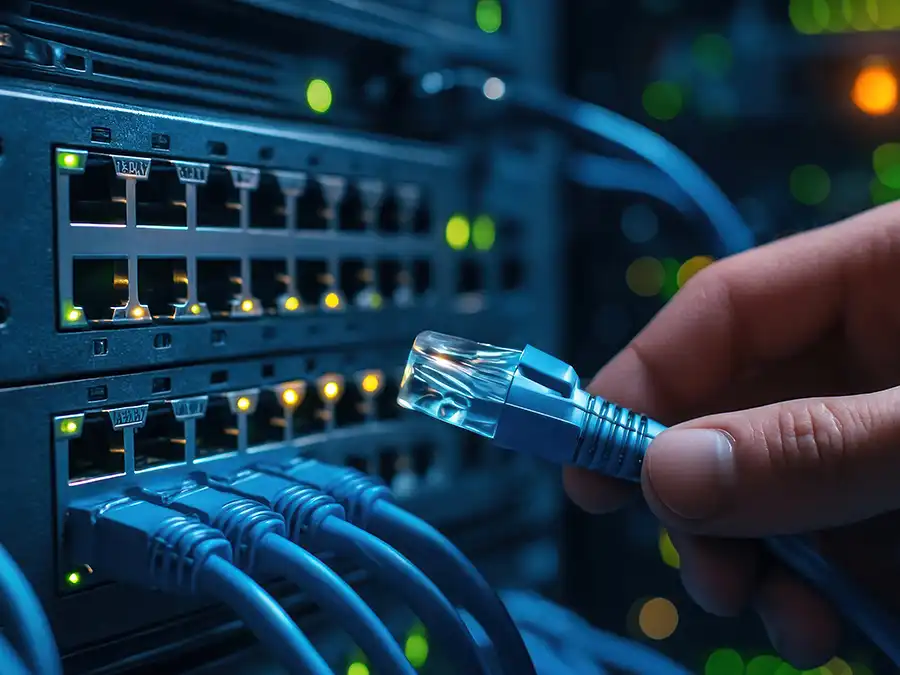 Netzwerk-Switch mit LAN-Verkabelung für sichere IT-Infrastruktur in Unternehmen
