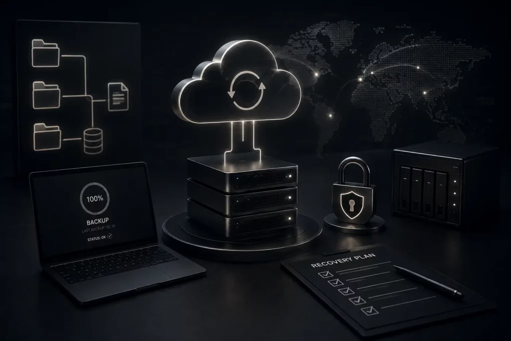 Cybersecurity Wien: Sichere Backup-Infrastruktur mit Servern, Cloud-Sicherung, Wiederherstellung und Notfallplan für Unternehmen.