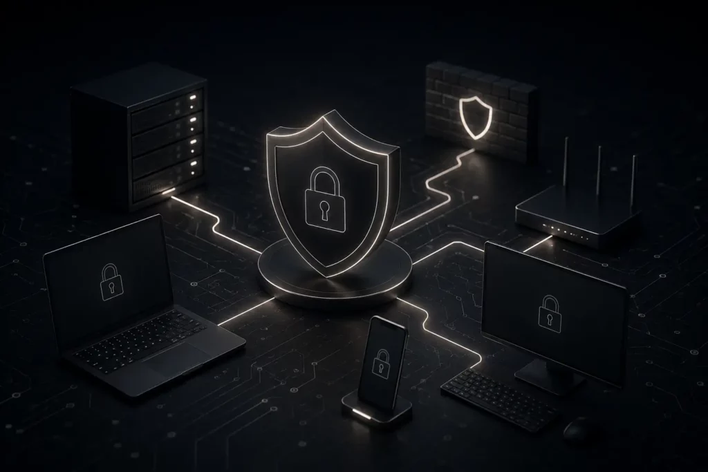 Cybersecurity Wien: Vernetzte Endgeräte, Server und Router mit zentralem Schutzschild als Symbol für sichere IT-Infrastruktur und Netzwerkschutz.