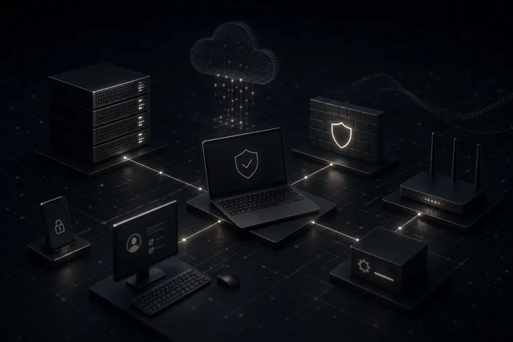 Cybersecurity Wien: Vernetzte IT-Infrastruktur mit Laptop, Server, Firewall, Router, Cloud und geschützten Endgeräten.