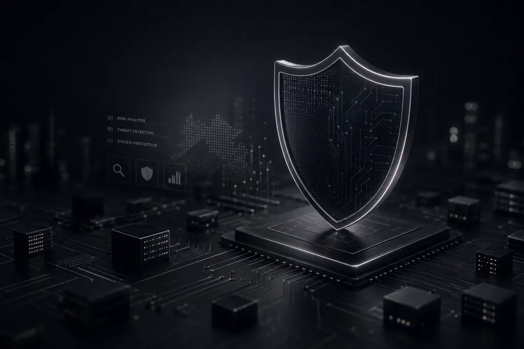 Cybersecurity Wien: Digitales Schutzschild als Symbol für IT-Sicherheitsanalyse, Risikobewertung und Schutz von Unternehmenssystemen.