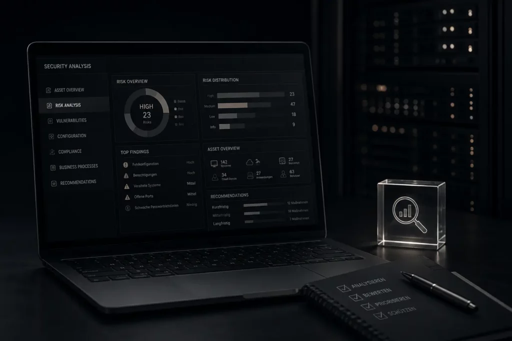 Cybersecurity Wien: Laptop mit Dashboard zur Analyse von IT-Risiken, Schwachstellen und Sicherheitsmaßnahmen in Unternehmenssystemen.
