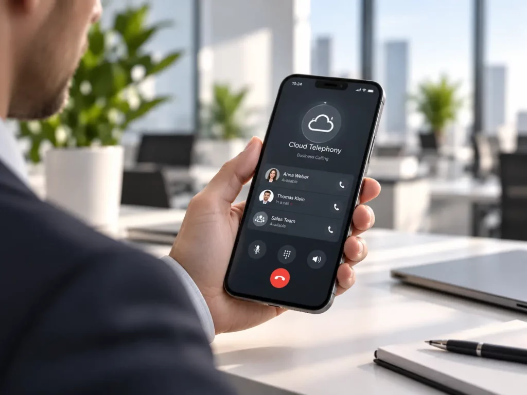 Person im Büro hält ein Smartphone mit Cloud-Telefonie-Oberfläche und Business-Calling-Funktionen.