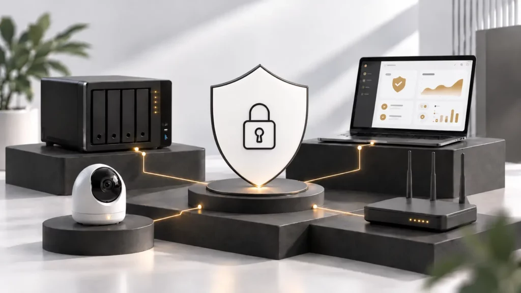 Cybersecurity Wien: Vernetzte Endgeräte, Server und Router mit zentralem Schutzschild als Symbol für sichere IT-Infrastruktur und Netzwerkschutz.