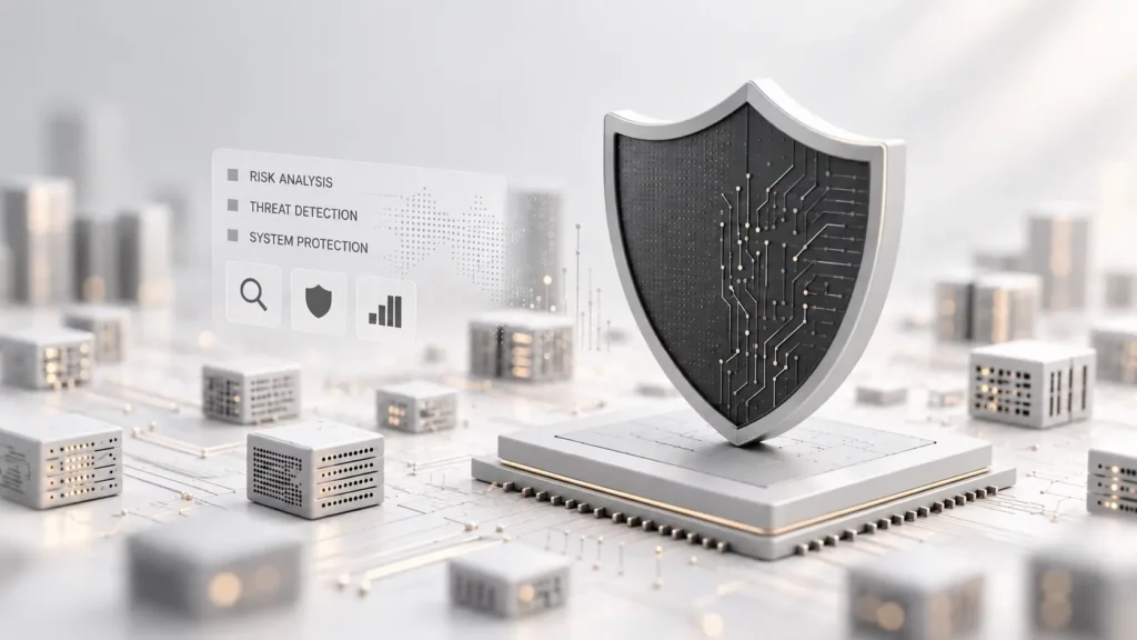 Digitales Schutzschild auf einer IT-Plattform als Symbol für Cybersecurity, Systemschutz und sichere Unternehmensnetzwerke in Wien.