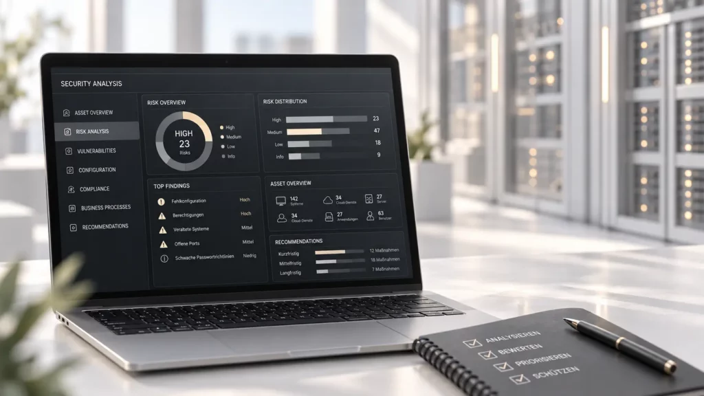 Cybersecurity Wien: Laptop mit Dashboard zur Analyse von IT-Risiken, Schwachstellen und Sicherheitsmaßnahmen in Unternehmenssystemen.