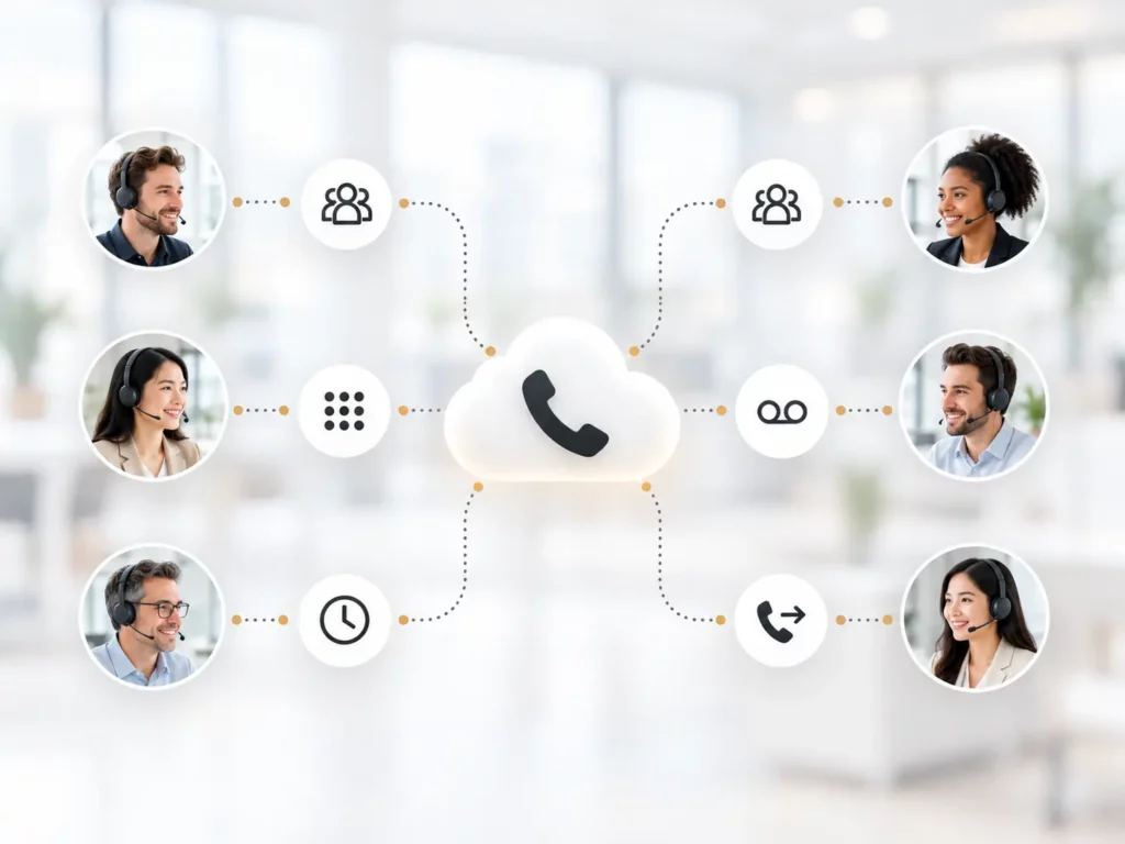 Symbolbild für Cloud-Telefonie mit Rufgruppen, Durchwahlen und Anrufsteuerung: zentrale Telefonie-Cloud verbindet mehrere Mitarbeitende mit Routing-Icons.