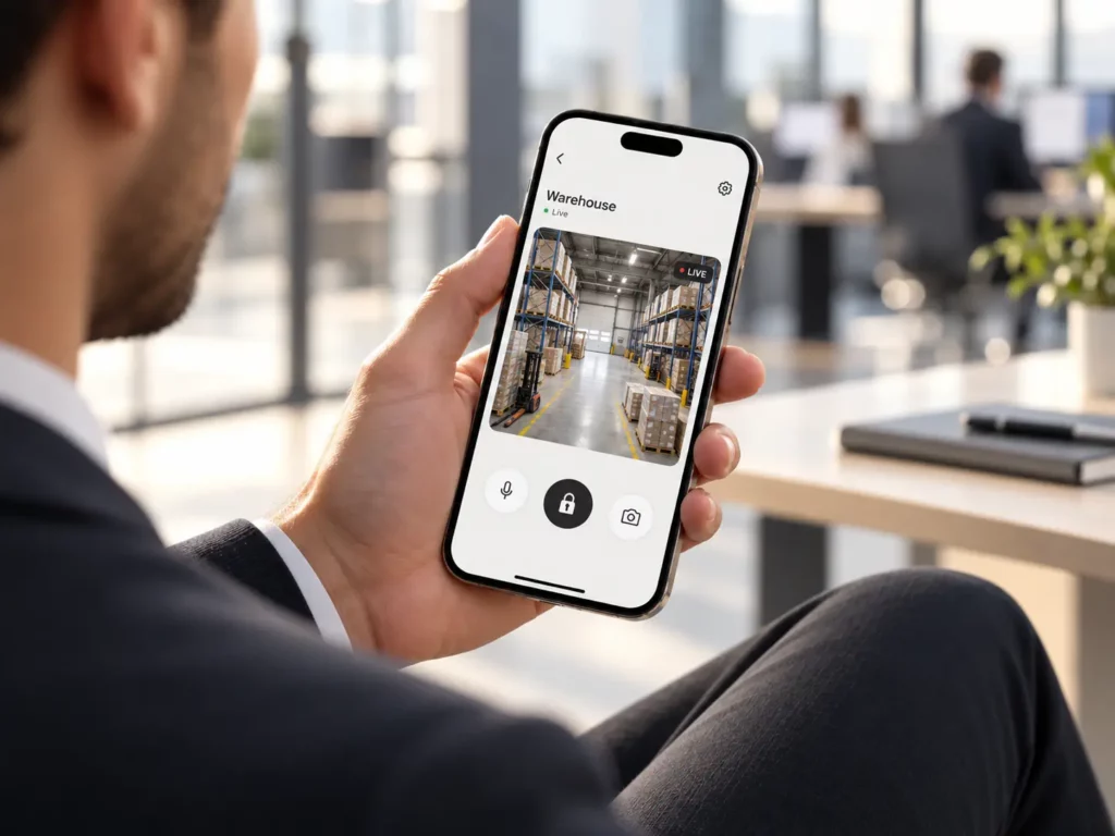Person im Büro hält ein Smartphone mit Livebild aus einer Lagerhalle als Symbol für Fernzugriff auf Videoüberwachung.