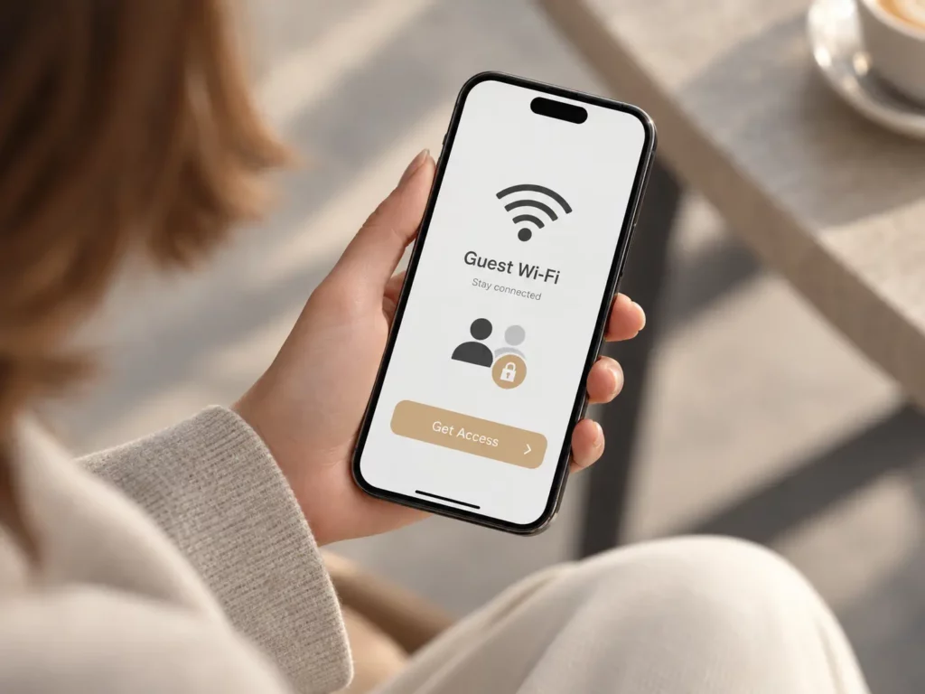 Hand hält ein Smartphone mit Gäste-WLAN-Anzeige in einem modernen Café mit unscharfem Hintergrund.