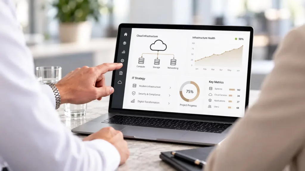 IT-Berater im weißen Hemd erklärt einer Kundin am Laptop eine IT-Strategie mit Cloud-Infrastruktur, Systemübersicht und Kennzahlen.