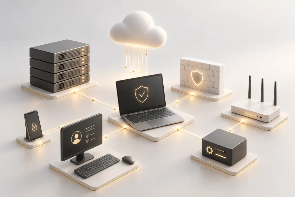 Abstraktes Symbolbild für IT-Infrastruktur-Beratung in Wien mit Cloud, Netzwerk, Servern und vernetzten Systemen.