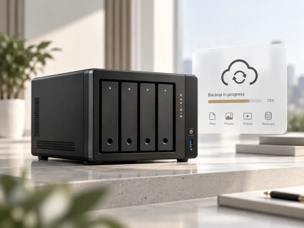 Schwarzer NAS-Speicher mit vier Festplatteneinschüben und digitaler Backup-Anzeige als Symbol für die Speicherung von Kameraaufzeichnungen.