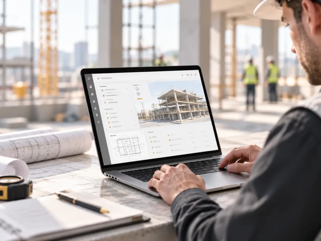 Bauleiter arbeitet auf einer Baustelle mit einem Laptop, während im Hintergrund eine moderne Baustellenumgebung zu sehen ist.