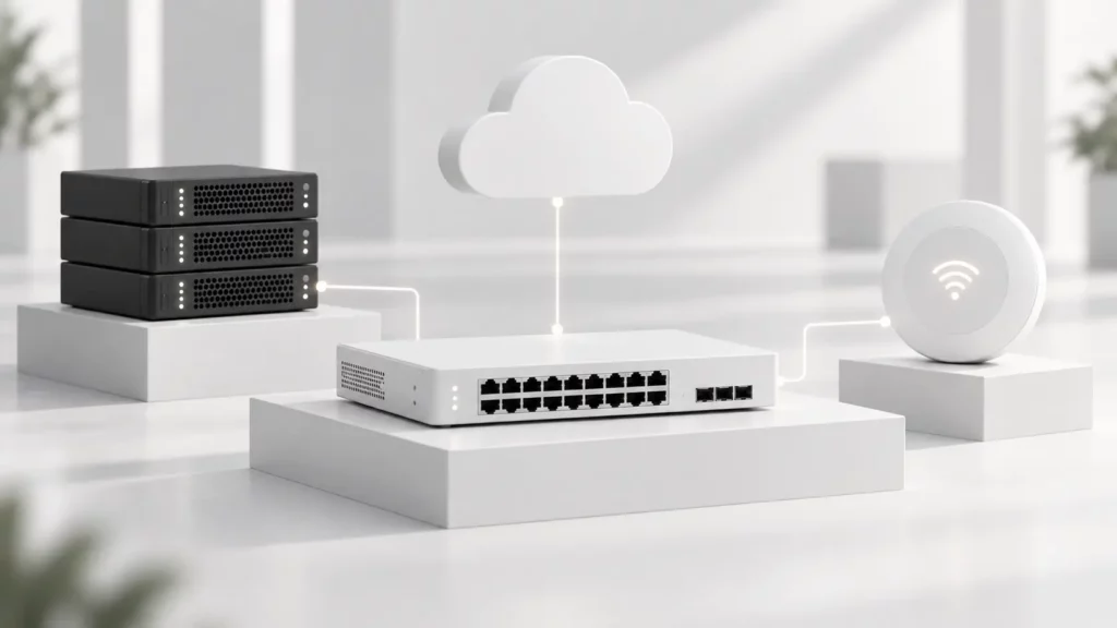 Abstraktes Symbolbild für Netzwerkmanagement mit Servern, Netzwerk-Switch, WLAN und Cloud in einem minimalistischen Schwarz-Weiß-Stil.
