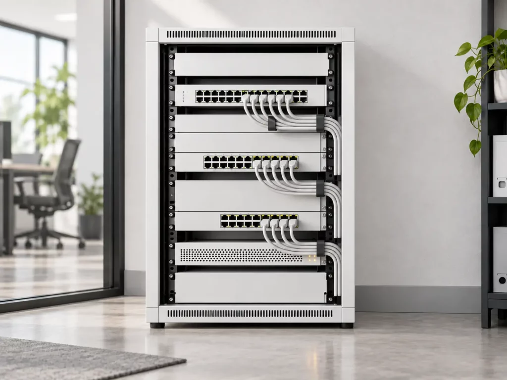 Frontalansicht eines weißen 19-Zoll-Netzwerkschranks mit Netzwerk-Switches und sauber gebündelten Ethernet-Kabeln in einer modernen Büroumgebung.