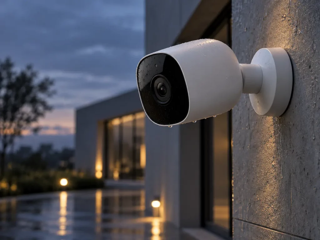 Weiße Outdoor-IP-Kamera an einer Außenwand bei Dämmerung und Regen als Symbol für moderne Videoüberwachung.
