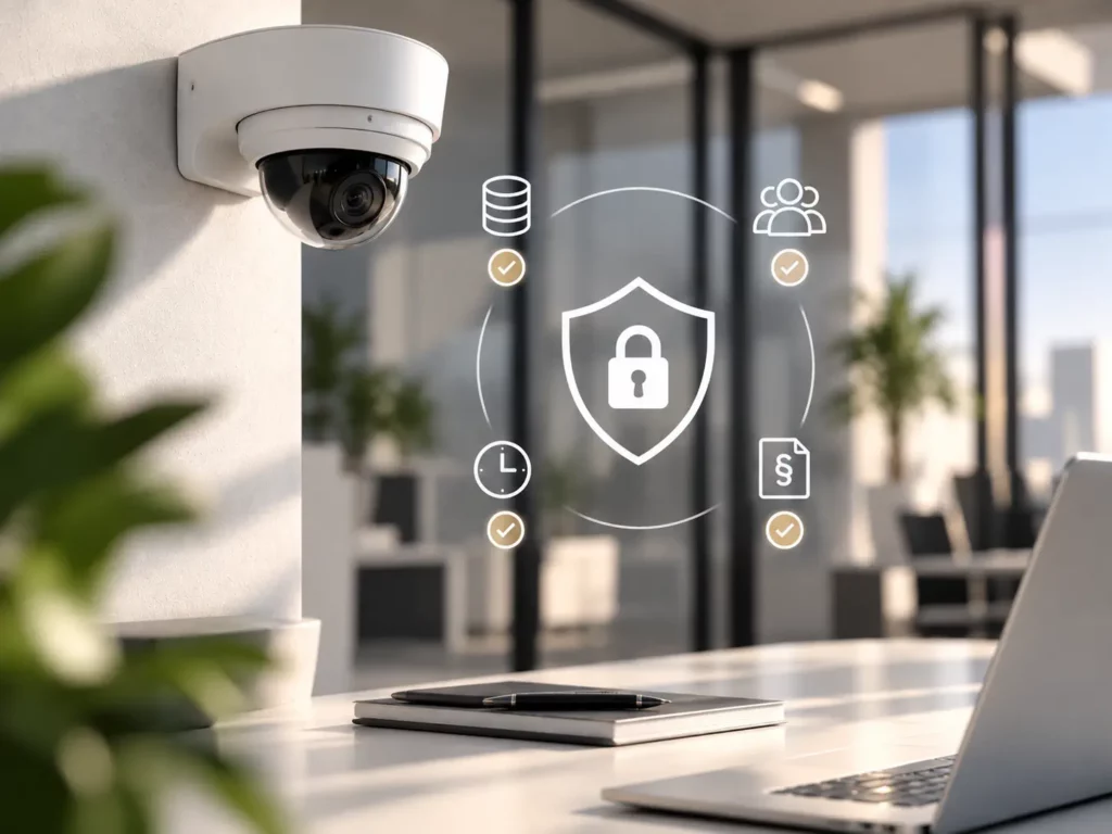 Weiße Überwachungskamera in einem modernen Büro mit Datenschutz-Symbolen für Datenspeicherung, Zugriffsrechte, Aufbewahrungsfristen und Dokumentation.