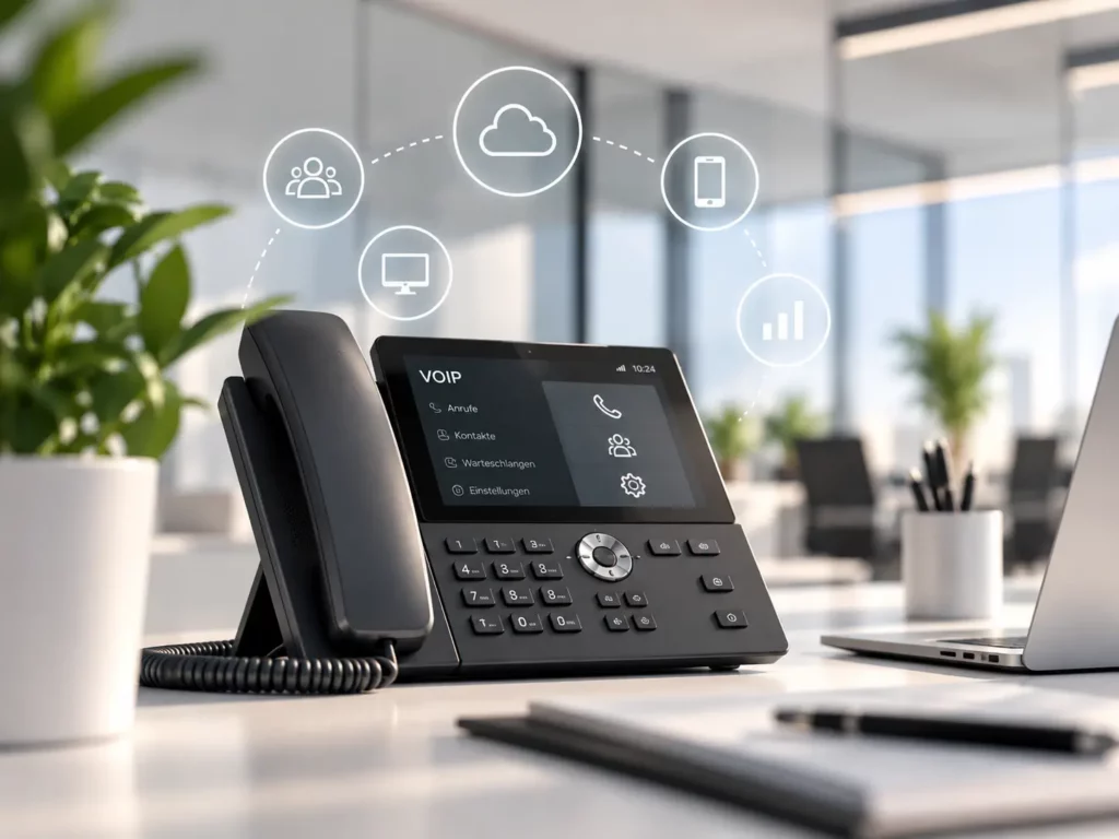 Schwarzes VoIP-Tischtelefon mit Touchscreen in einem modernen Büro, ergänzt durch Symbole für Cloud-Telefonie, Smartphone und vernetzte Kommunikation.